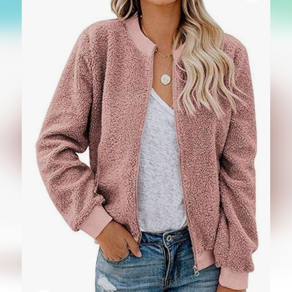 Sherpa Fleece Jacket Faux Fuzzy Long Sleeve Casual Zip Up Bomber Coat